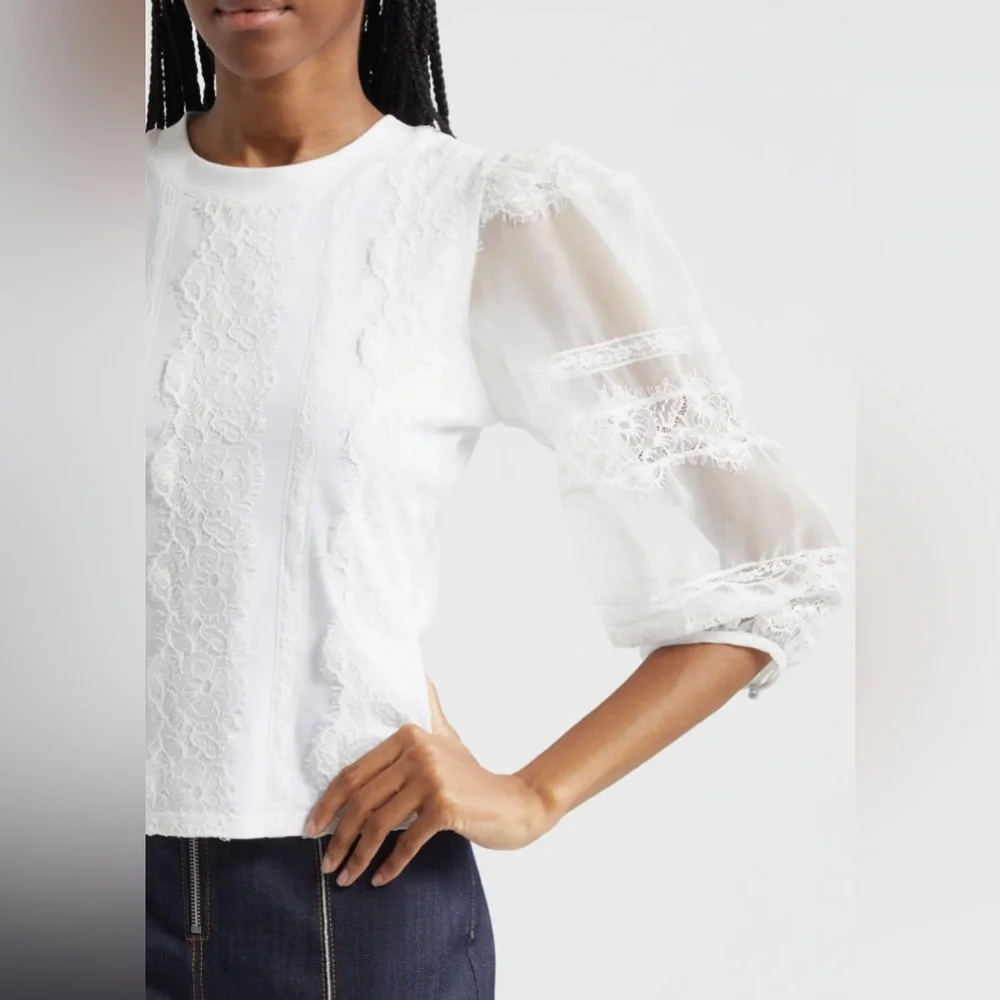 NWT Cinq à Sept White Lace Stefania Trim Shirt 3/4 Sleeve Blouse Size XS - Picture 3 of 12